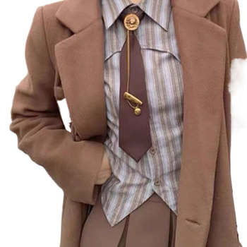 Ρετρό Γραβάτα Υψηλής Ποιότητας σε Χρώμα Καφέ, Χάλκινη Μεταλλική Αλυσίδα, Διακόσμηση με Στρογγυλή Καρφίτσα σε Κεφάλι με Αρκούδα, Πολυχρηστική Γραβάτα χωρίς Γραβάτα