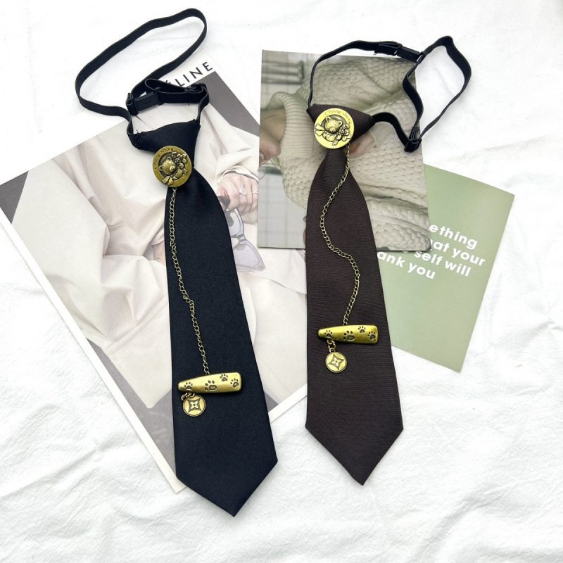 Retro, luxus, kávészínű nyakkendő, bronzszínű fémlánc, mackós kerek fejű kitűződíszítéssel, sokoldalú, nyakkendő nélküli nyakkendő