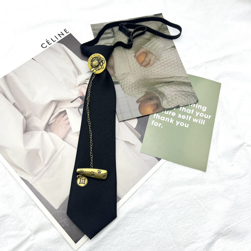 Retro, luxus, kávészínű nyakkendő, bronzszínű fémlánc, mackós kerek fejű kitűződíszítéssel, sokoldalú, nyakkendő nélküli nyakkendő