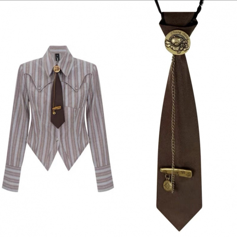 Retro, luxus, kávészínű nyakkendő, bronzszínű fémlánc, mackós kerek fejű kitűződíszítéssel, sokoldalú, nyakkendő nélküli nyakkendő