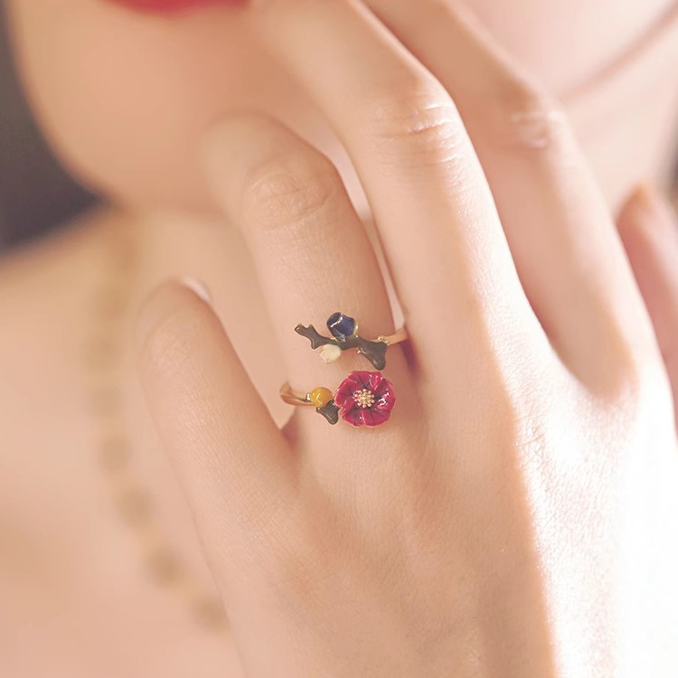Zománc virágos nyitott gyűrű női niche dizájn divat személyiség retró high-end francia all-match ujjgyűrű