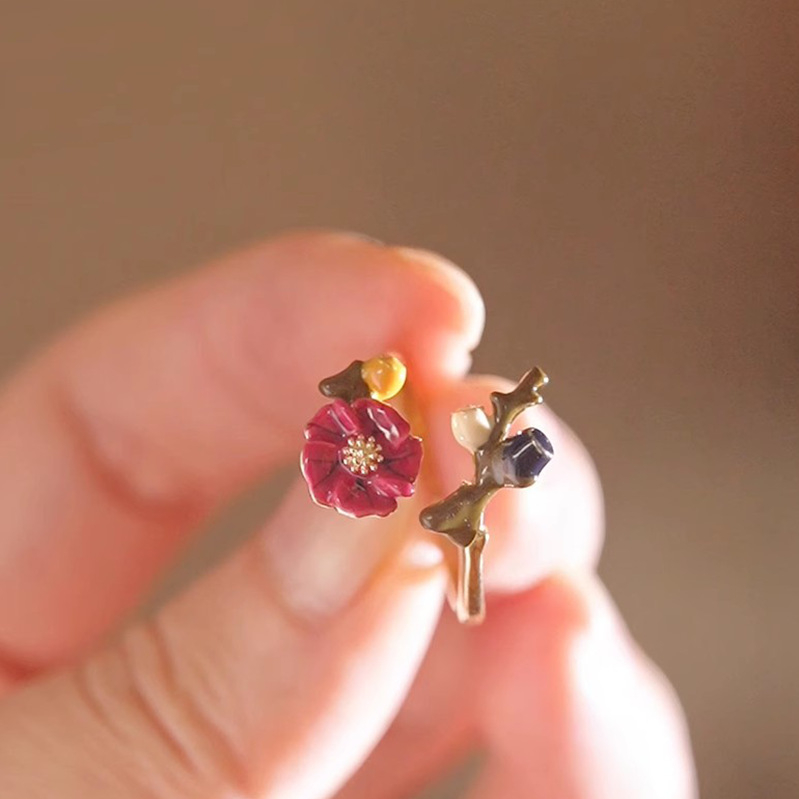 Zománc virágos nyitott gyűrű női niche dizájn divat személyiség retró high-end francia all-match ujjgyűrű