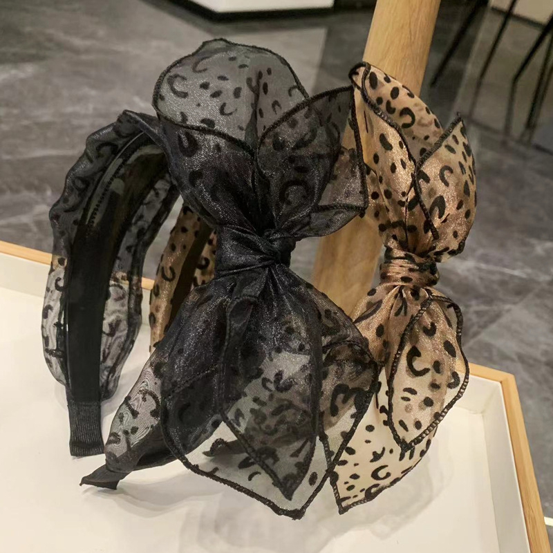 Fogazott, csúszásmentes francia leopárdmintás hajkarika női koreai stílusú retró széles peremű hálós masni fejpánt internetes népszerű divatos hajkiegészítők