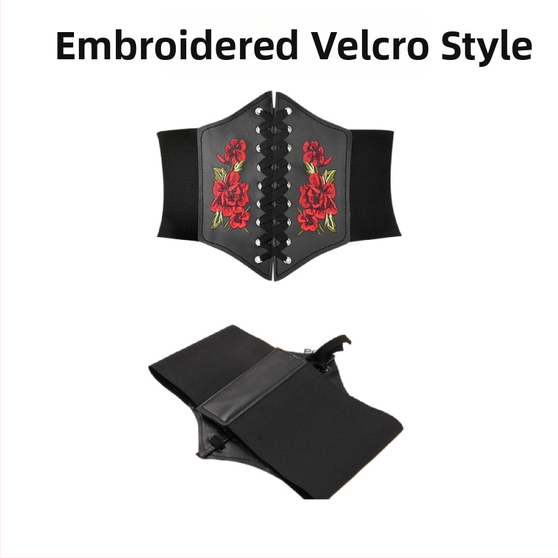 Curea de talie pentru femei, stil european și american transfrontalier, brodată cu trandafir, super lată, cu elastic în piele pentru rochie