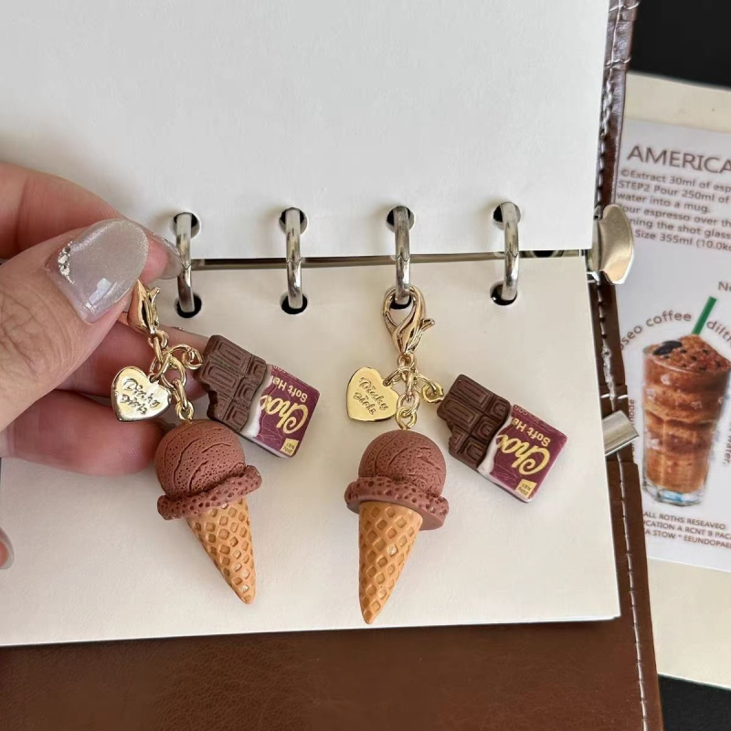 Eredeti, kézzel készített, ételes játék csokoládé tölcsér tojás tölcsér fagylalt flip táska cipzáras gombfejű női táska medál mobiltelefon lánc