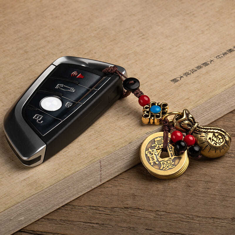 Tiszta sárgaréz öt császár pénztök kulcstartó autó medál férfi guan gong pi xiu pénzeszsák medál szerencse kulcstartó
