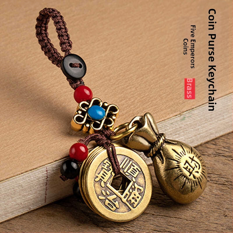 Tiszta sárgaréz öt császár pénztök kulcstartó autó medál férfi guan gong pi xiu pénzeszsák medál szerencse kulcstartó