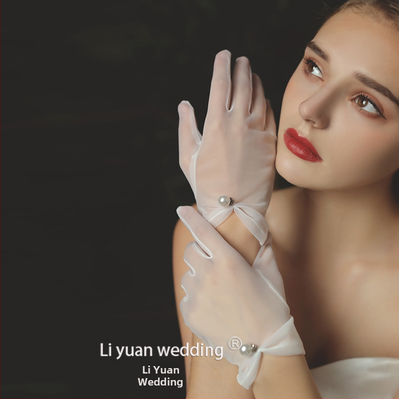 Ръкавици за сватбена рокля, къс модел, ушити с големи перли, бял и бежов тюл, японски и корейски перлени декорации в стил фея