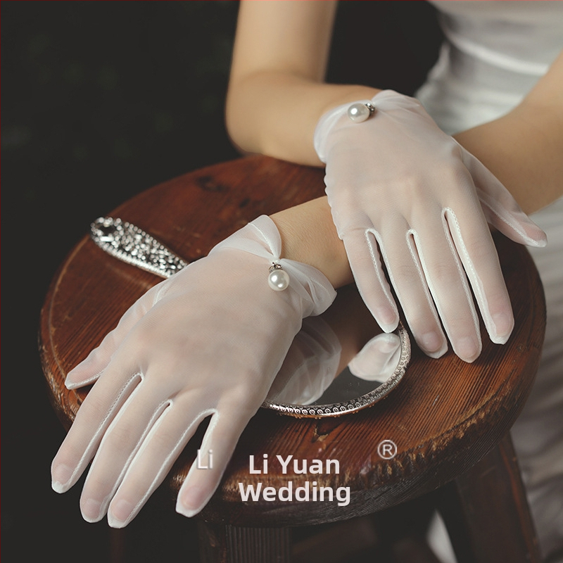 Ръкавици за сватбена рокля, къс модел, ушити с големи перли, бял и бежов тюл, японски и корейски перлени декорации в стил фея