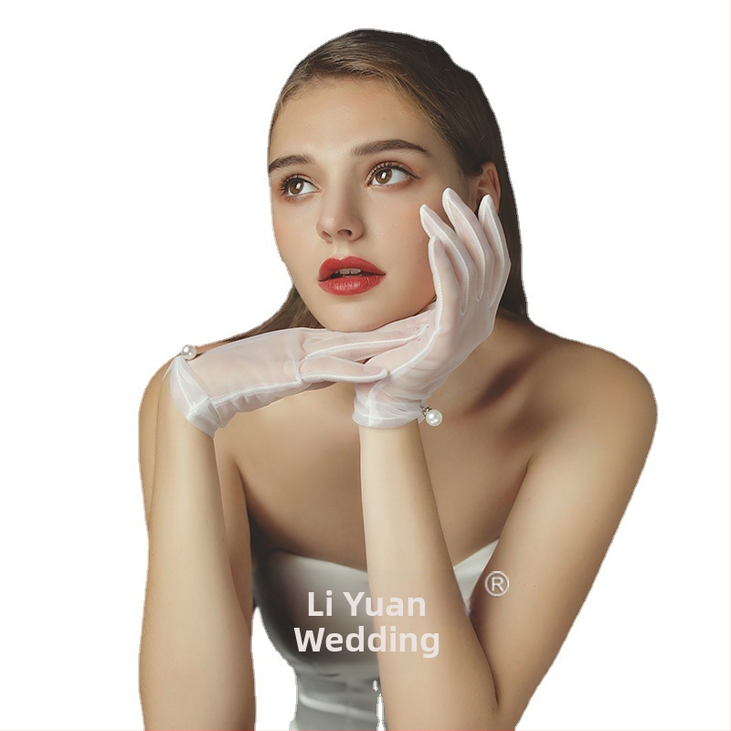 Ръкавици за сватбена рокля, къс модел, ушити с големи перли, бял и бежов тюл, японски и корейски перлени декорации в стил фея