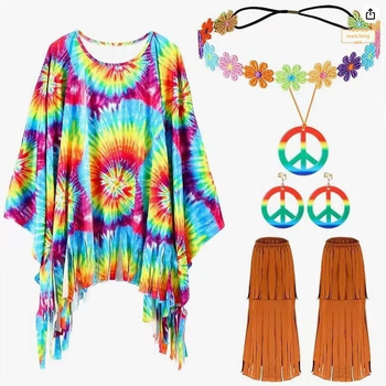 Amazon női hippi jelmez batikolt köpeny jelmez halloweeni béke parti ing színe