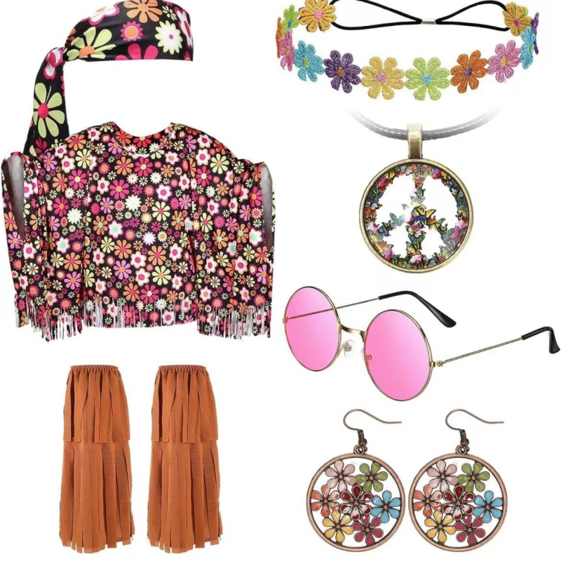 Amazon női hippi jelmez batikolt köpeny jelmez halloweeni béke parti ing színe