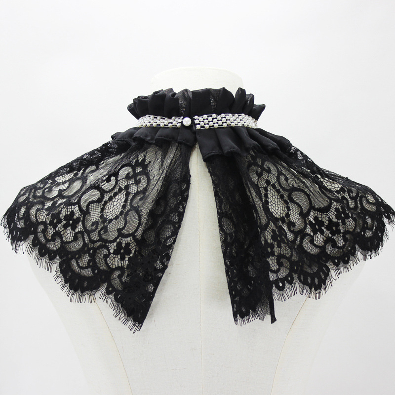 Moteriška tarpvalstybinė pavasario rudens žiemos skara su netikra apykakle, karoliukais ir nėriniais, dekoratyvine apykakle, raukta, klostuota aukšta apykakle.