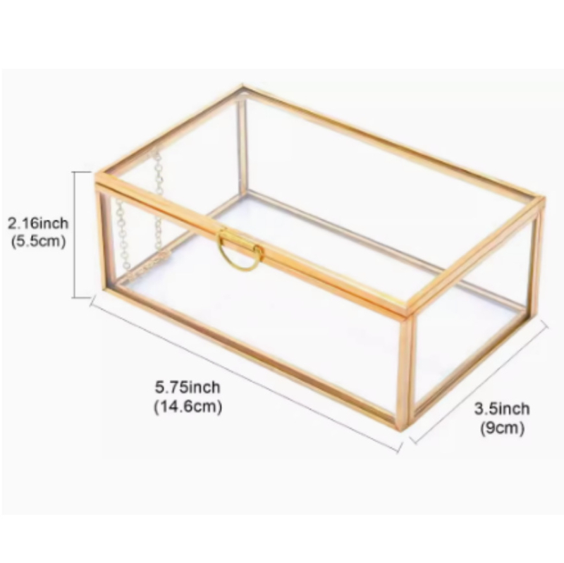 Kuuekülgne metallist vintage läbipaistev klaasist ehtekarp isetehtud abielusõrmuste karbi ja kinkekarbi kujul, ehtekarp