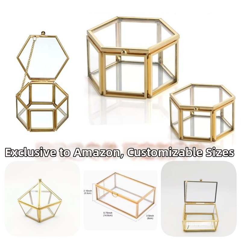 Kuuekülgne metallist vintage läbipaistev klaasist ehtekarp isetehtud abielusõrmuste karbi ja kinkekarbi kujul, ehtekarp