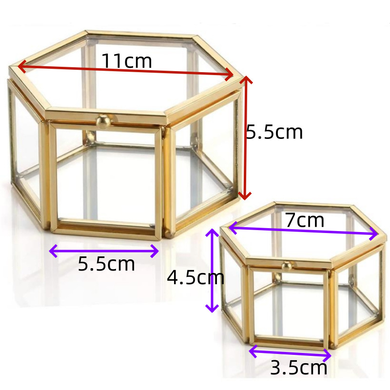 Kuuekülgne metallist vintage läbipaistev klaasist ehtekarp isetehtud abielusõrmuste karbi ja kinkekarbi kujul, ehtekarp