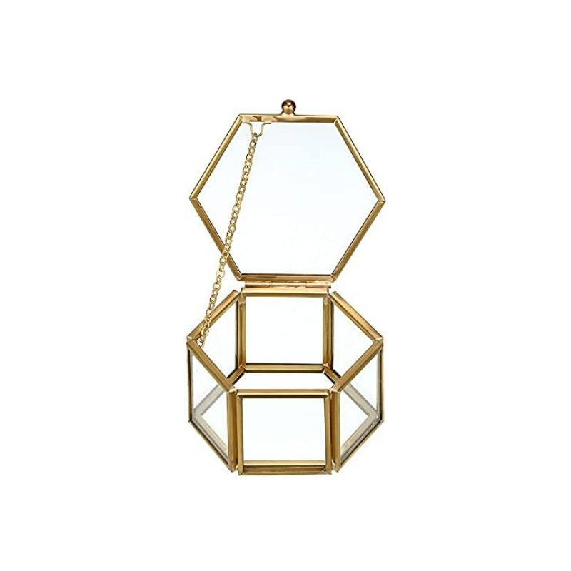 Kuuekülgne metallist vintage läbipaistev klaasist ehtekarp isetehtud abielusõrmuste karbi ja kinkekarbi kujul, ehtekarp