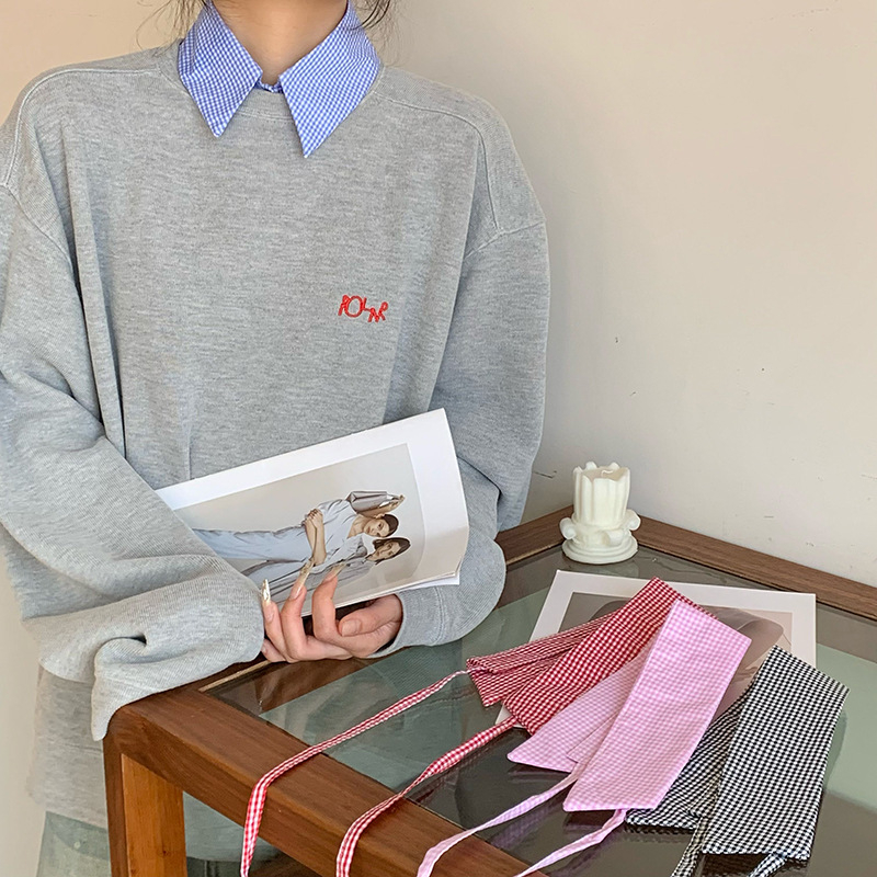 Kockás, hamis galléros női tavaszi és nyári új, minden mérkőzésre alkalmas inggallér, dekoratív farmer pontnyakú, kerek nyakú pulóver, nyakkendő