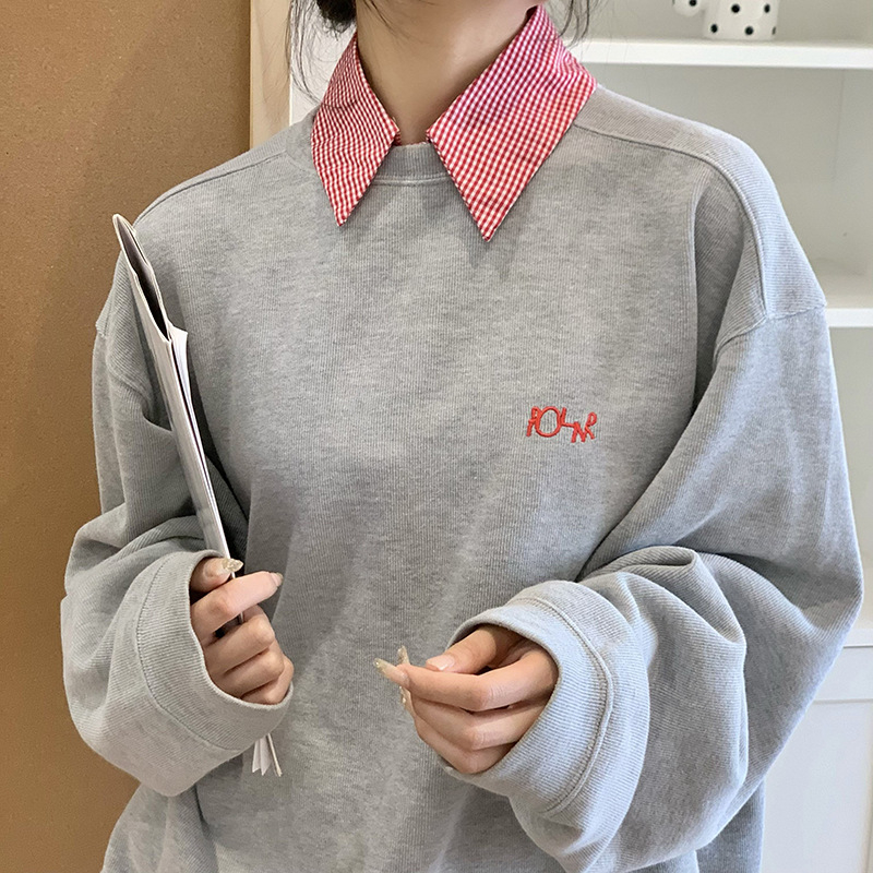 Kockás, hamis galléros női tavaszi és nyári új, minden mérkőzésre alkalmas inggallér, dekoratív farmer pontnyakú, kerek nyakú pulóver, nyakkendő