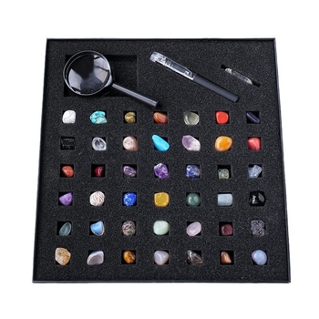 43 liiki looduslikku kristalli toorkivist poolvääriskivi mineraalide standardkomplekt jade-agaati lastele mõeldud populaarteadusliku õpetuse kinkekarbis