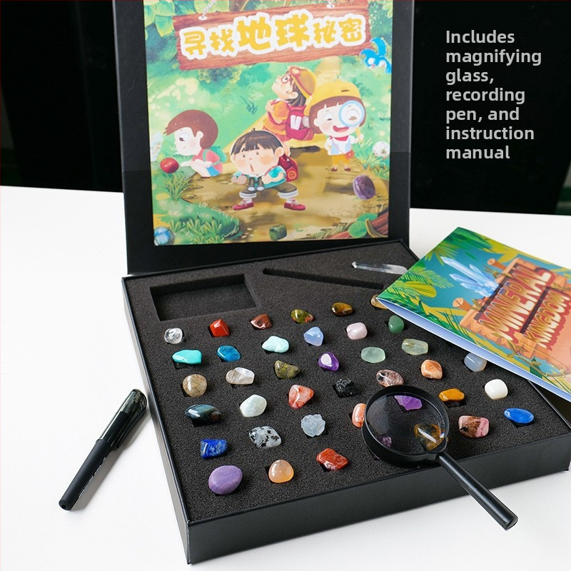 43 liiki looduslikku kristalli toorkivist poolvääriskivi mineraalide standardkomplekt jade-agaati lastele mõeldud populaarteadusliku õpetuse kinkekarbis