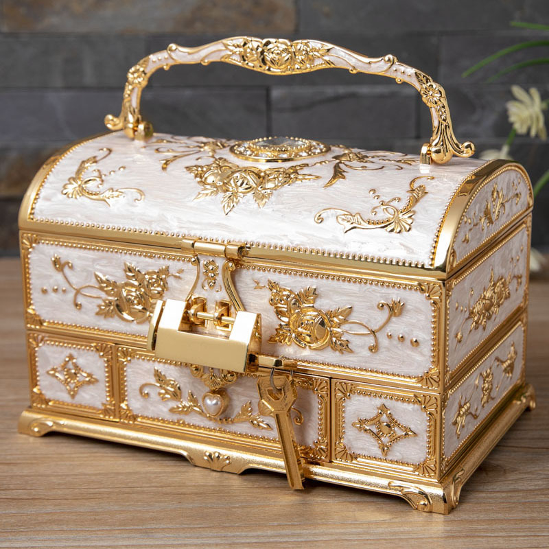 Fém kreatív esküvői ékszerdoboz többrétegű nagy kapacitású ékszertároló doboz fogantyú tükörrel, kiváló minőségű érzetet