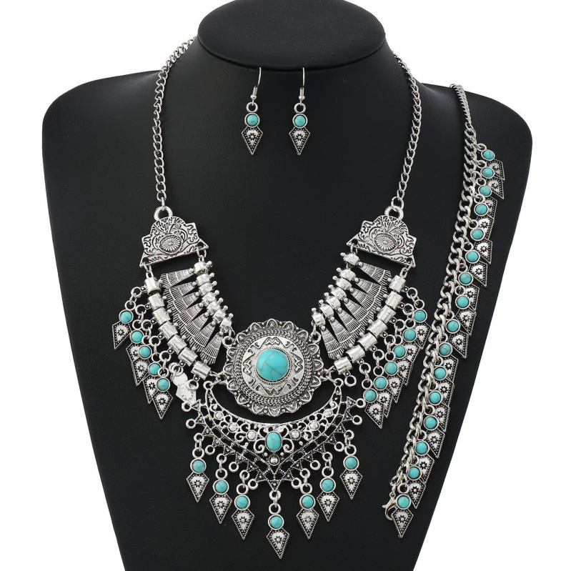 Colier retro cu ciucuri, stil etnic Xizang, trei piese, european și american, cu brățară, pulover, lanț, claviculă, costum