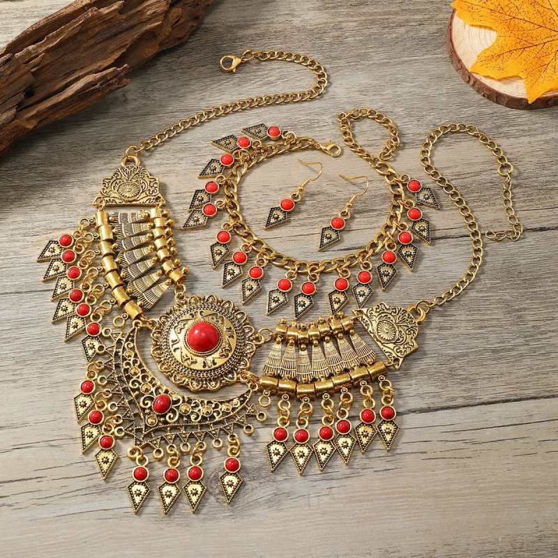 Kolmeosaline Xizang etnilises stiilis Euroopa ja Ameerika retro tutiga kaelakee, kõrvarõngad, käevõru, kampsunikett, rangluukett, ülikond