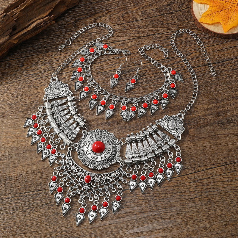 Colier retro cu ciucuri, stil etnic Xizang, trei piese, european și american, cu brățară, pulover, lanț, claviculă, costum
