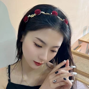 Γαλλική ρετρό κορδέλα μαλλιών με ξηρό τριαντάφυλλο για γυναίκες, υψηλής ποιότητας κορδέλα μαλλιών με μαργαριτάρια σε χρυσό χρώμα, αξεσουάρ μαλλιών για νυφική φουρκέτα