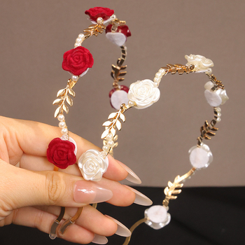 Γαλλική ρετρό κορδέλα μαλλιών με ξηρό τριαντάφυλλο για γυναίκες, υψηλής ποιότητας κορδέλα μαλλιών με μαργαριτάρια σε χρυσό χρώμα, αξεσουάρ μαλλιών για νυφική φουρκέτα