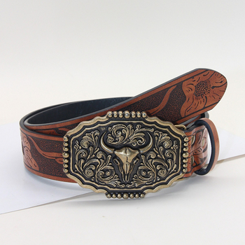 Határokon átnyúló nyugati cowboy stílusú öv, új, bikafejes ötvözet csattal, pu bikafejes dombornyomott öv, univerzális, divatos bőr öv