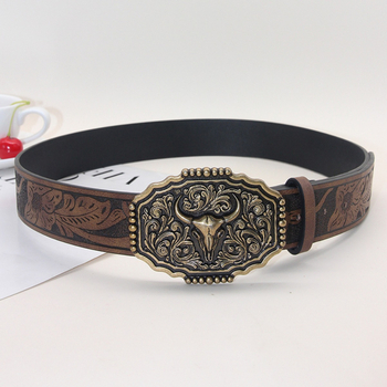 Határokon átnyúló nyugati cowboy stílusú öv, új, bikafejes ötvözet csattal, pu bikafejes dombornyomott öv, univerzális, divatos bőr öv