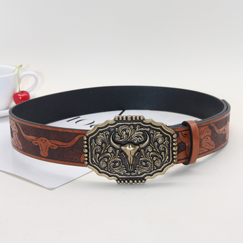 Határokon átnyúló nyugati cowboy stílusú öv, új, bikafejes ötvözet csattal, pu bikafejes dombornyomott öv, univerzális, divatos bőr öv