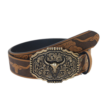 Határokon átnyúló nyugati cowboy stílusú öv, új, bikafejes ötvözet csattal, pu bikafejes dombornyomott öv, univerzális, divatos bőr öv