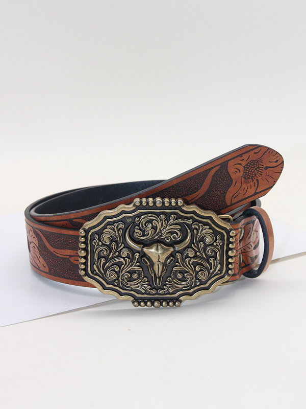Határokon átnyúló nyugati cowboy stílusú öv, új, bikafejes ötvözet csattal, pu bikafejes dombornyomott öv, univerzális, divatos bőr öv