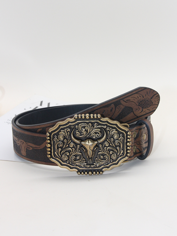 Határokon átnyúló nyugati cowboy stílusú öv, új, bikafejes ötvözet csattal, pu bikafejes dombornyomott öv, univerzális, divatos bőr öv