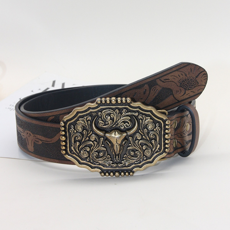 Határokon átnyúló nyugati cowboy stílusú öv, új, bikafejes ötvözet csattal, pu bikafejes dombornyomott öv, univerzális, divatos bőr öv