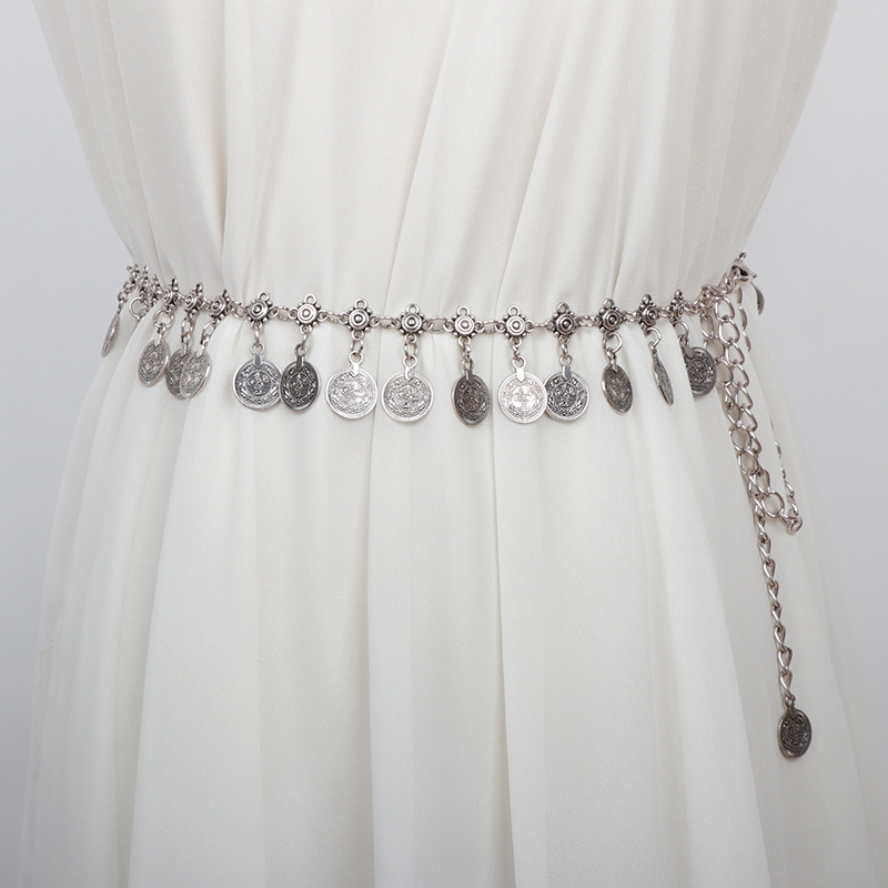 Retro etnikai stílusú deréklánc kiegészítők női díszes szoknya kerek érme bojtos lánc öv farmer fémlánc