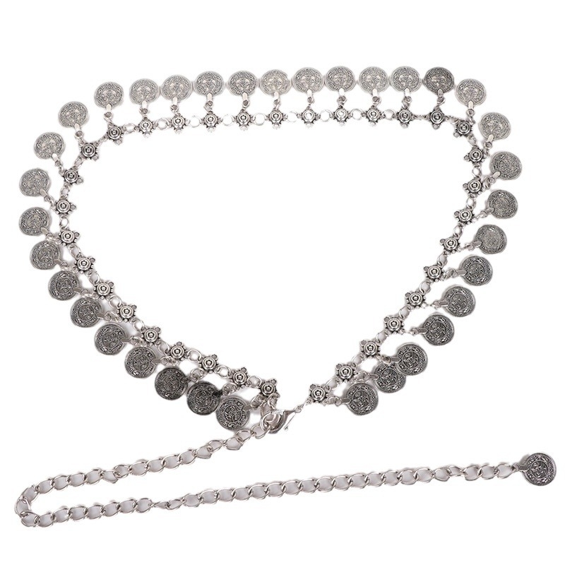 Retro etnikai stílusú deréklánc kiegészítők női díszes szoknya kerek érme bojtos lánc öv farmer fémlánc