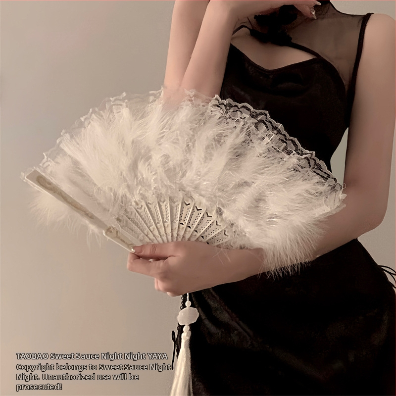 Ősi stílusú toll legyező, cheongsam női bemutató összecsukható legyező, hanfu újévi fekete csipke legyező, táncleggező, retró kínai stílusú