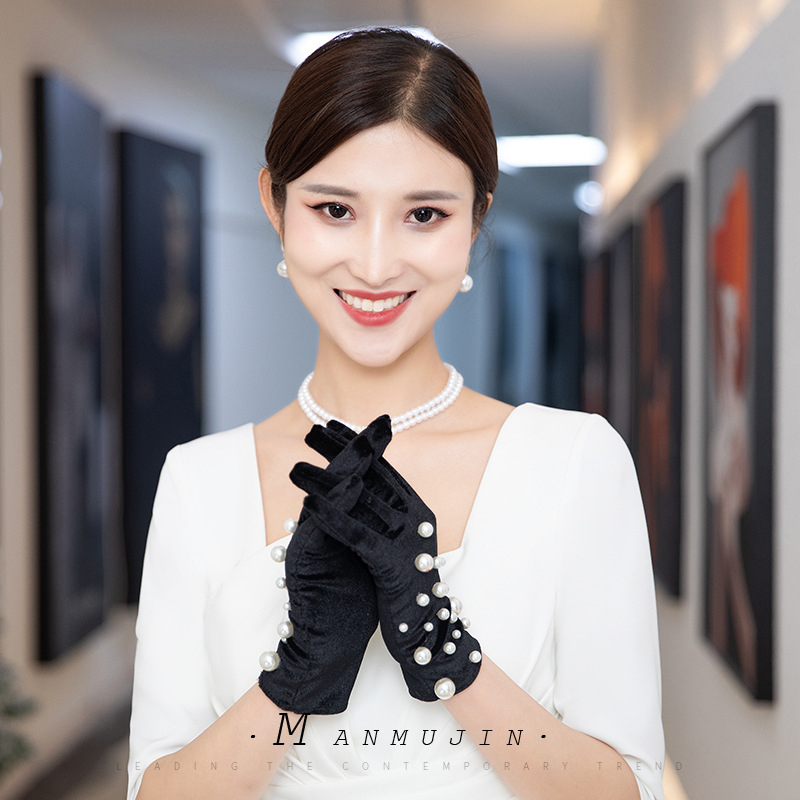 Socialite Retro trumpos juodos aksominės perlų pirštinės nuotakos vestuvinė suknelė fotografijos turas fotoportretų aksesuarai