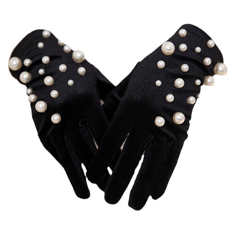 Socialite Retro trumpos juodos aksominės perlų pirštinės nuotakos vestuvinė suknelė fotografijos turas fotoportretų aksesuarai