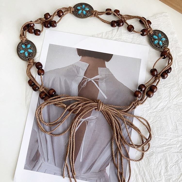 Szőtt öv Női nyári új retró etnikai stílusú derékpánt All-match Niche High-end dekoratív szoknya deréklánc