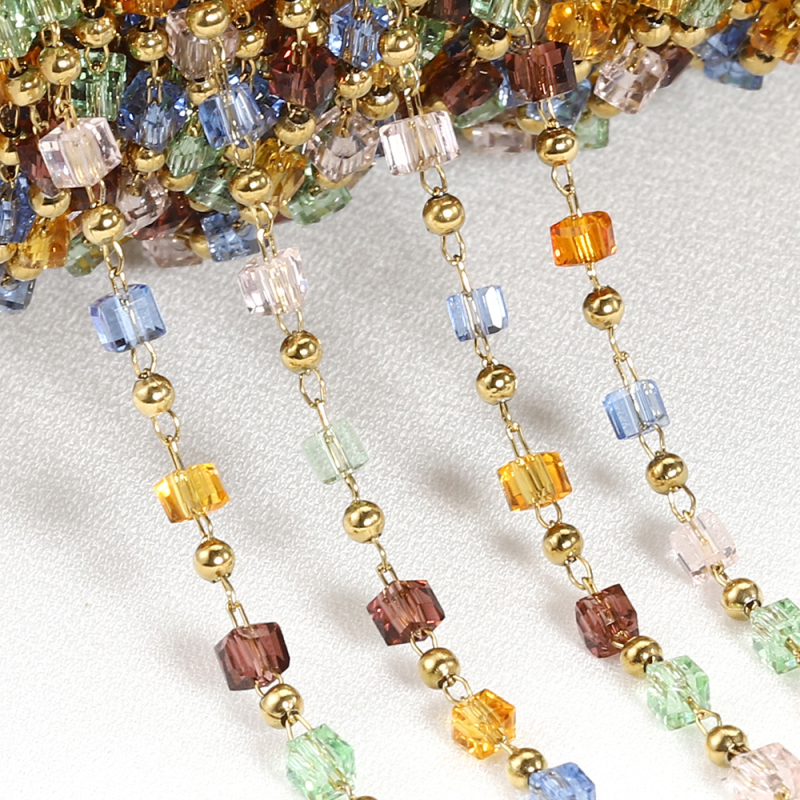 Bohém vegyes színű négyzet alakú gyöngylánc rozsdamentes acél kristály négyzet alakú gyöngygömb lánc DIY nyaklánc karkötő ékszer kiegészítők