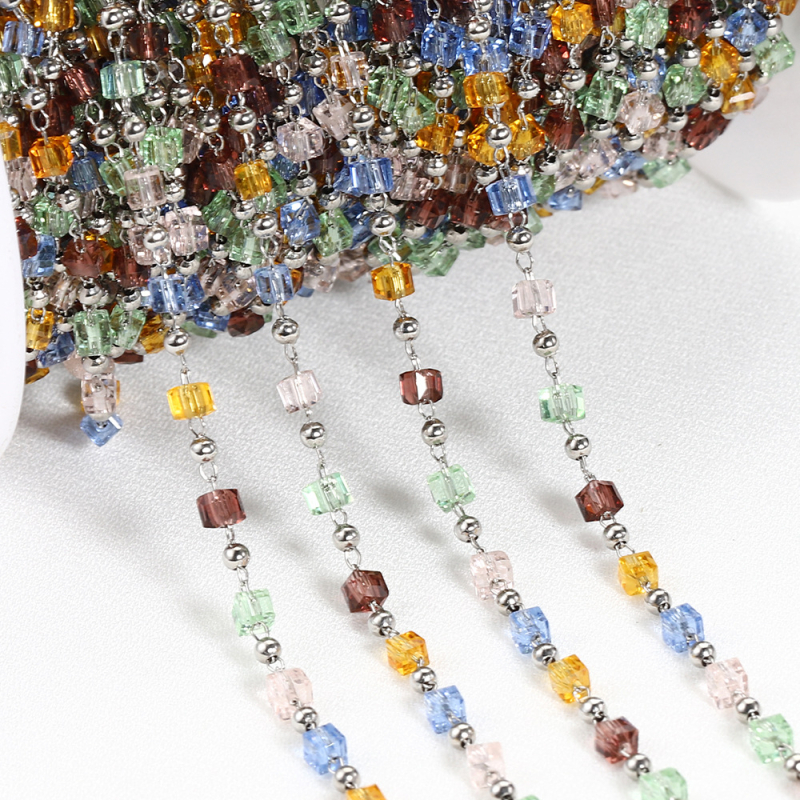 Bohém vegyes színű négyzet alakú gyöngylánc rozsdamentes acél kristály négyzet alakú gyöngygömb lánc DIY nyaklánc karkötő ékszer kiegészítők