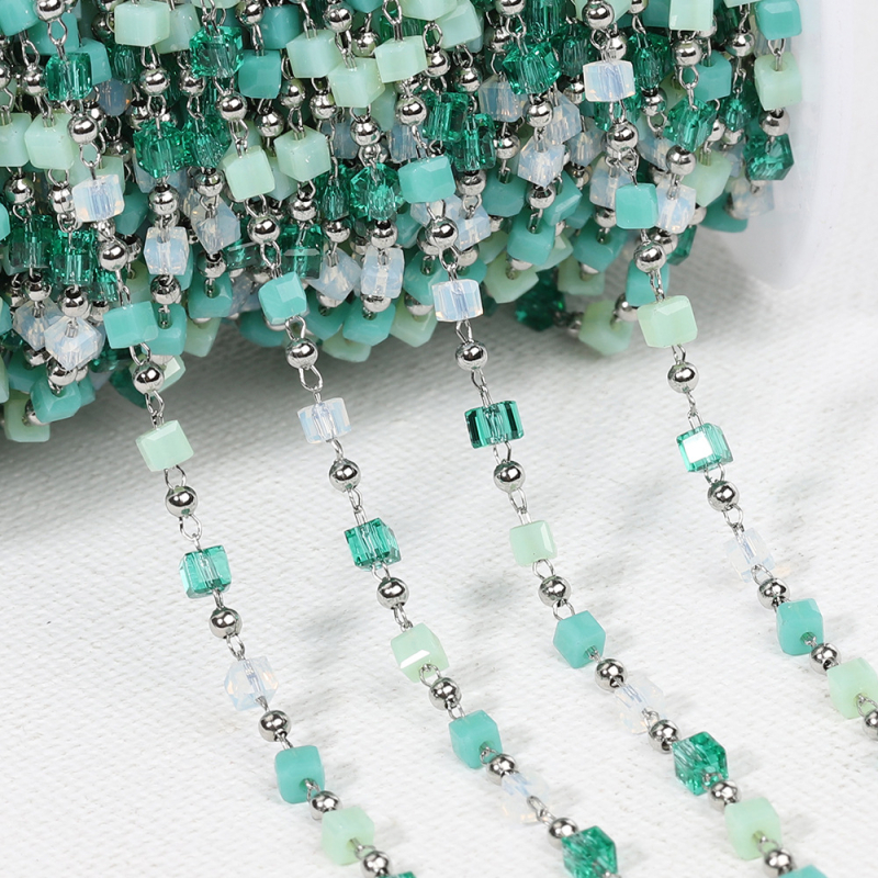 Bohém vegyes színű négyzet alakú gyöngylánc rozsdamentes acél kristály négyzet alakú gyöngygömb lánc DIY nyaklánc karkötő ékszer kiegészítők