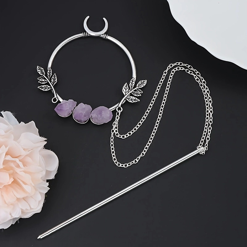 Vikingų raganos brangakmenio lapo krištolo plaukų segtukas fėja vikingų vintažinis plaukų aksesuaras