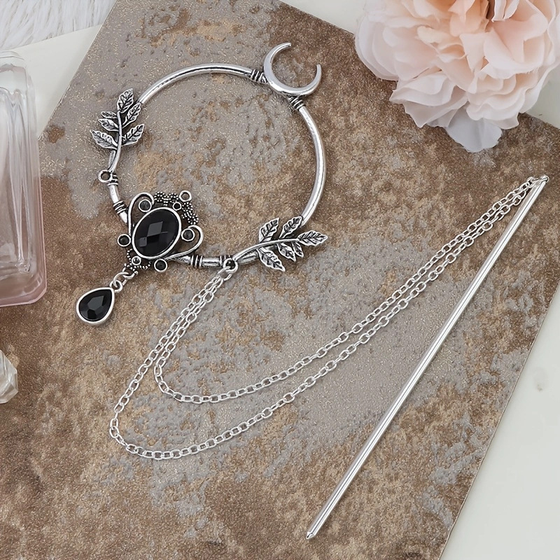 Vikingų raganos brangakmenio lapo krištolo plaukų segtukas fėja vikingų vintažinis plaukų aksesuaras