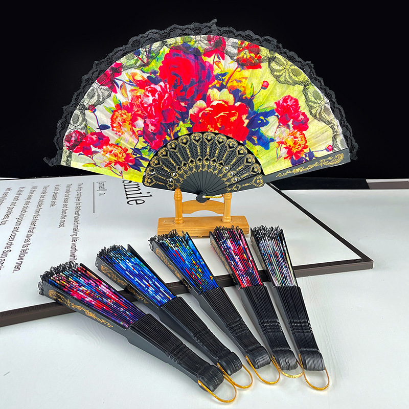 Fekete rúd műanyag kiváló minőségű csipke csipke tánc kellékek szövet európai stílusú spanyol összecsukható legyező